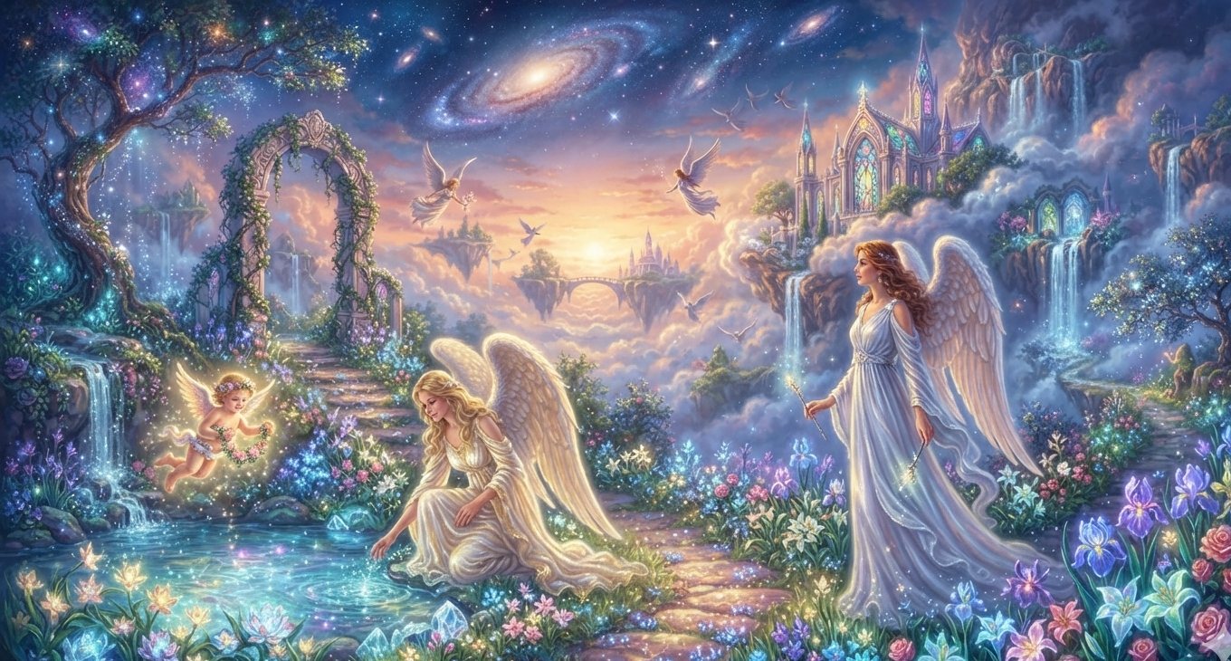Heavenly garden with angels, waterfalls and flowers under a starry sky