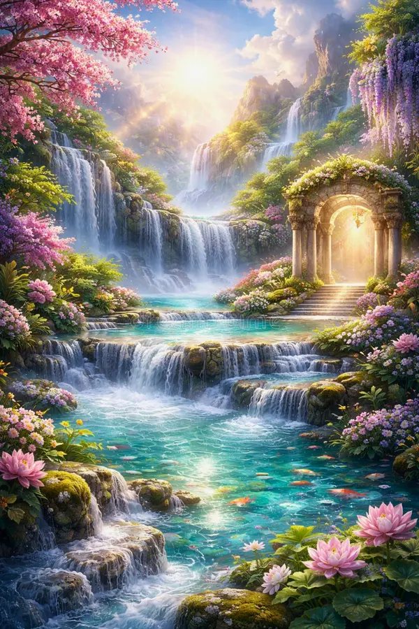 Paradise garden with waterfalls, lotus flowers and an arch of light
