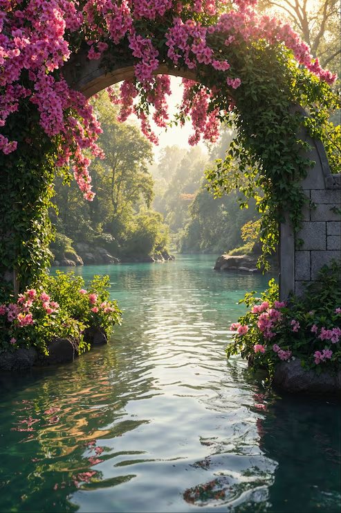 Calm river under a stone arch covered in flowers